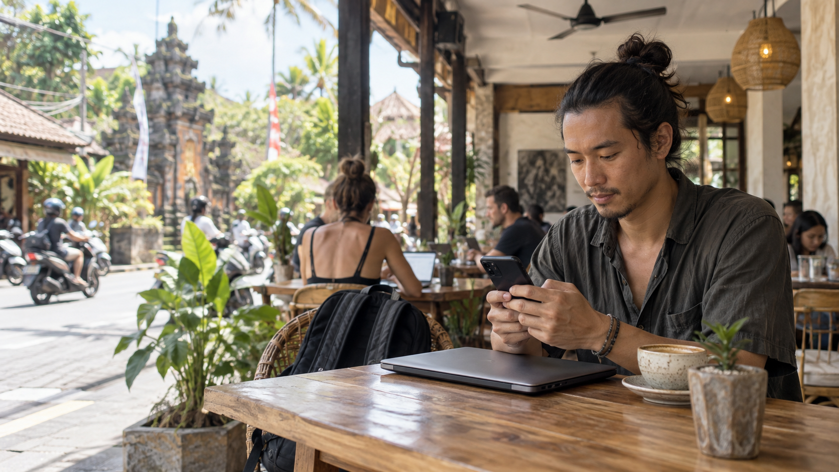 Traveller using mobile data from a café while abroad