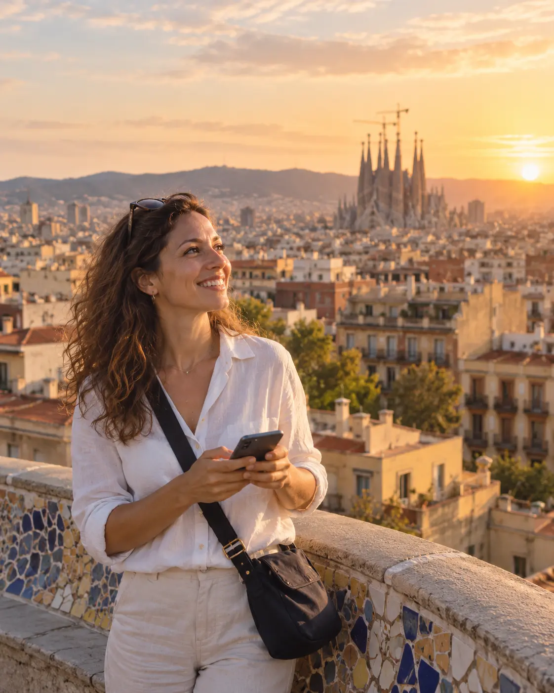 Traveller holding her phone above Barcelona at sunset