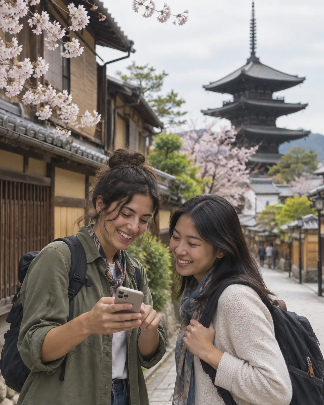 Two travellers using a phone together in Kyoto