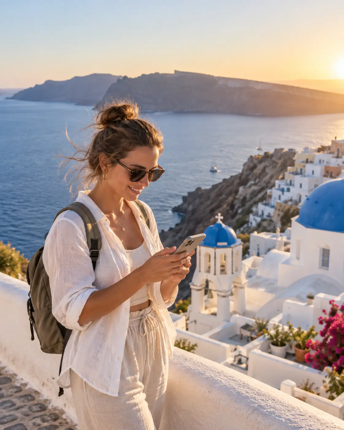 Traveller using her phone overlooking Santorini at sunset