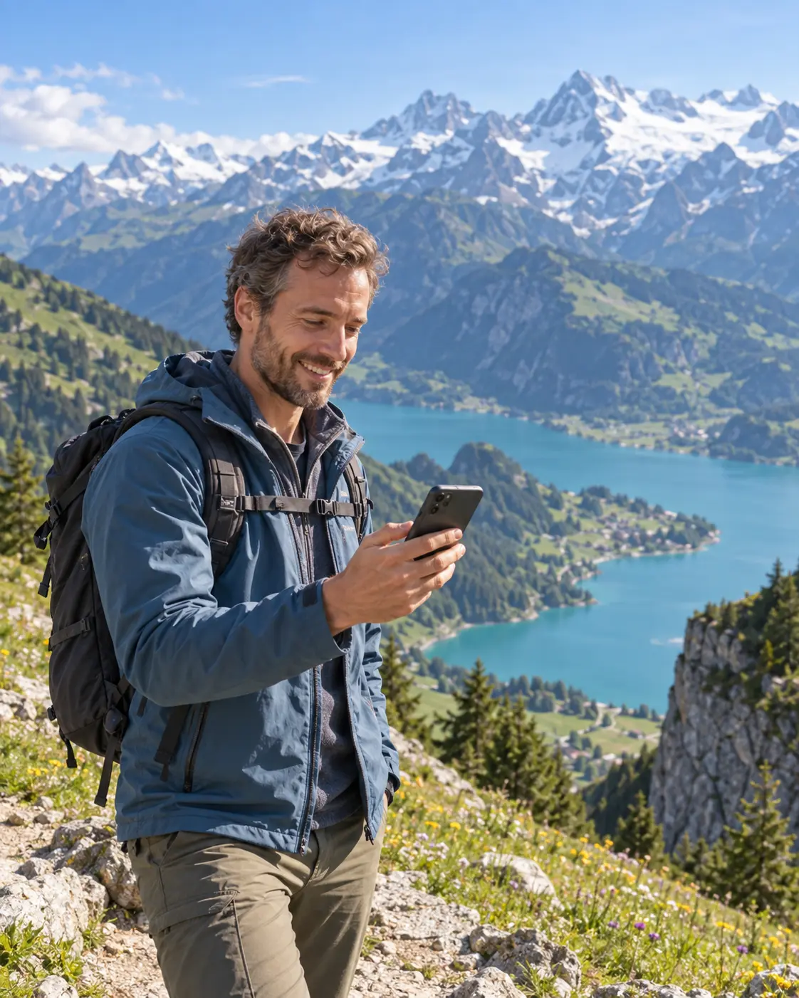 Traveller checking his phone while hiking in the Swiss Alps
